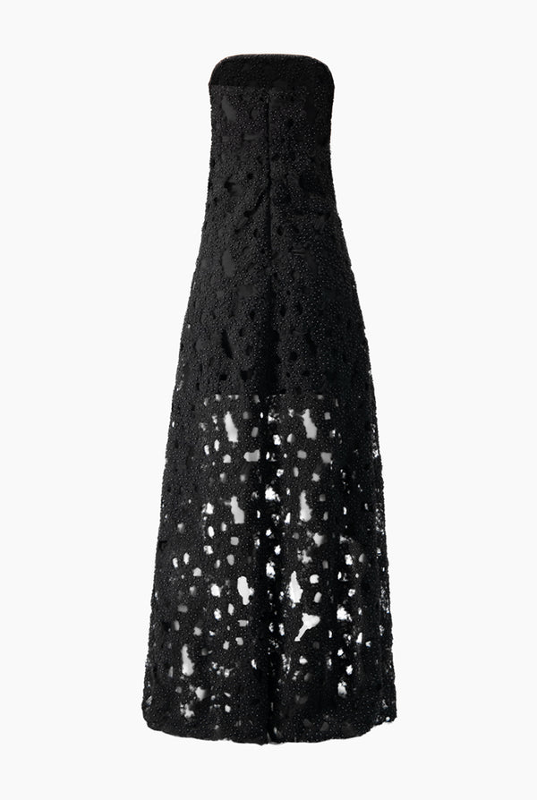 Vestido strapless con perlas