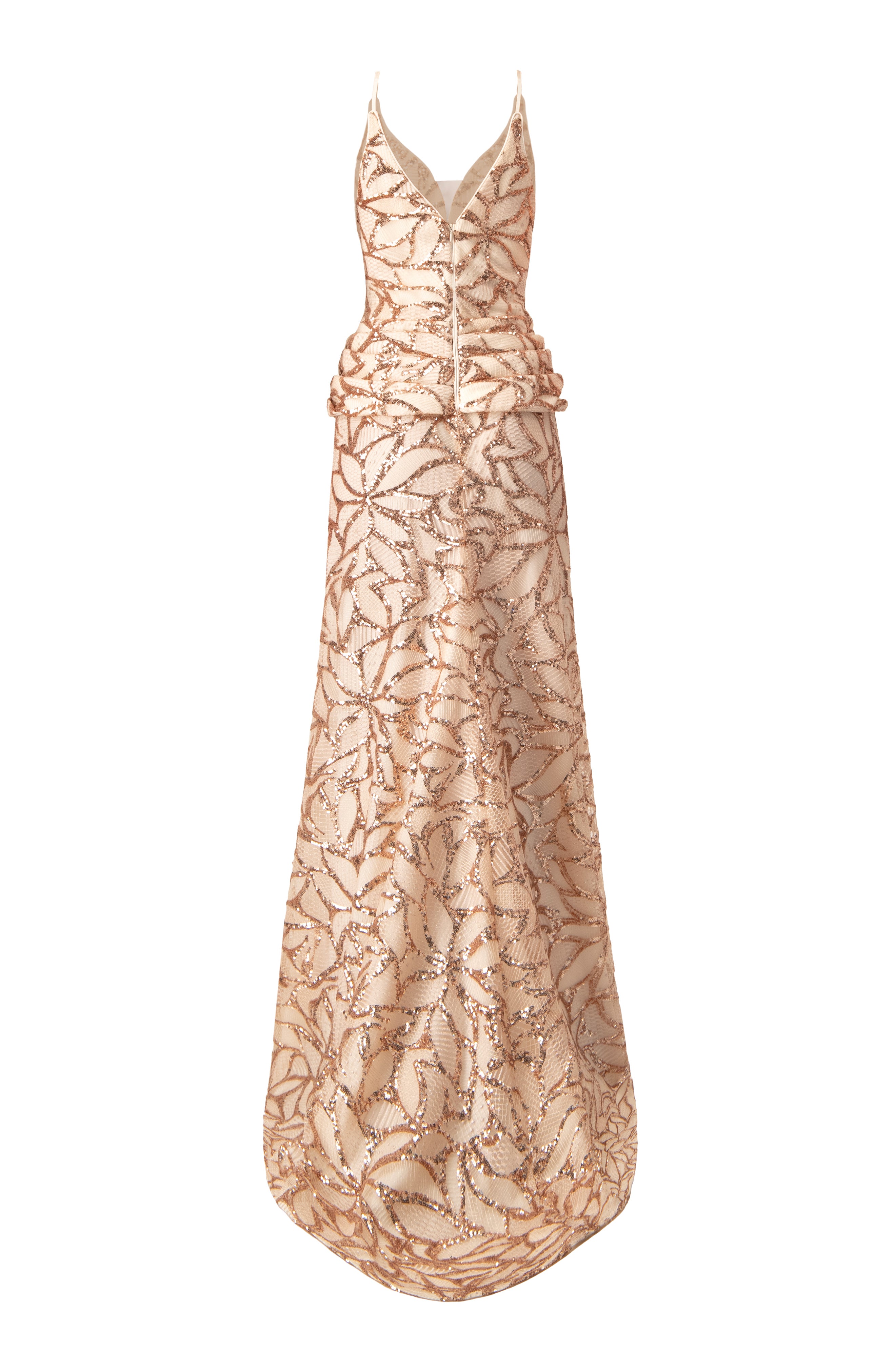 Vestido de noche rosa claro con bajo asimétrico y lentejuelas