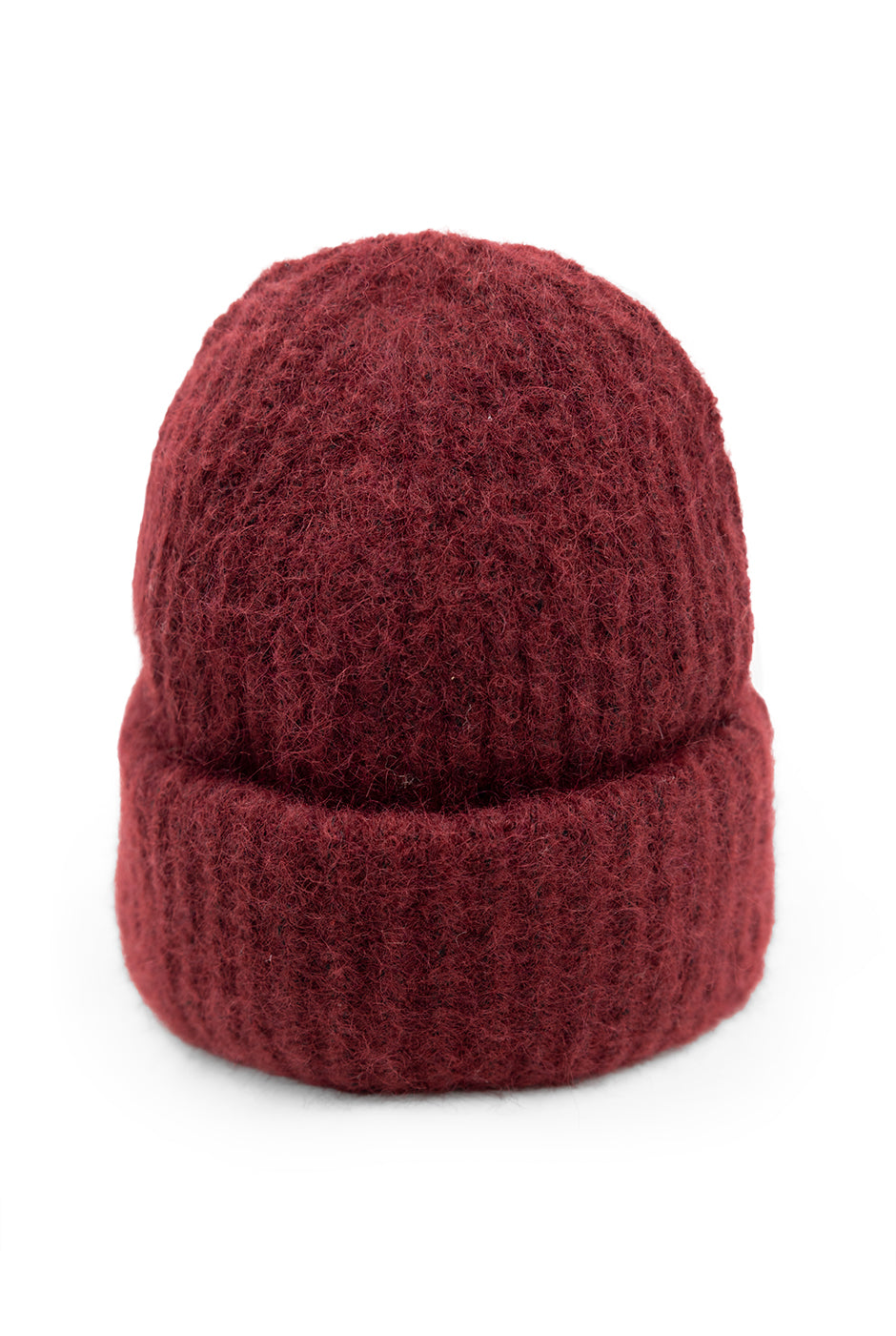 Gorro tejido de lana vino con borde acanalado