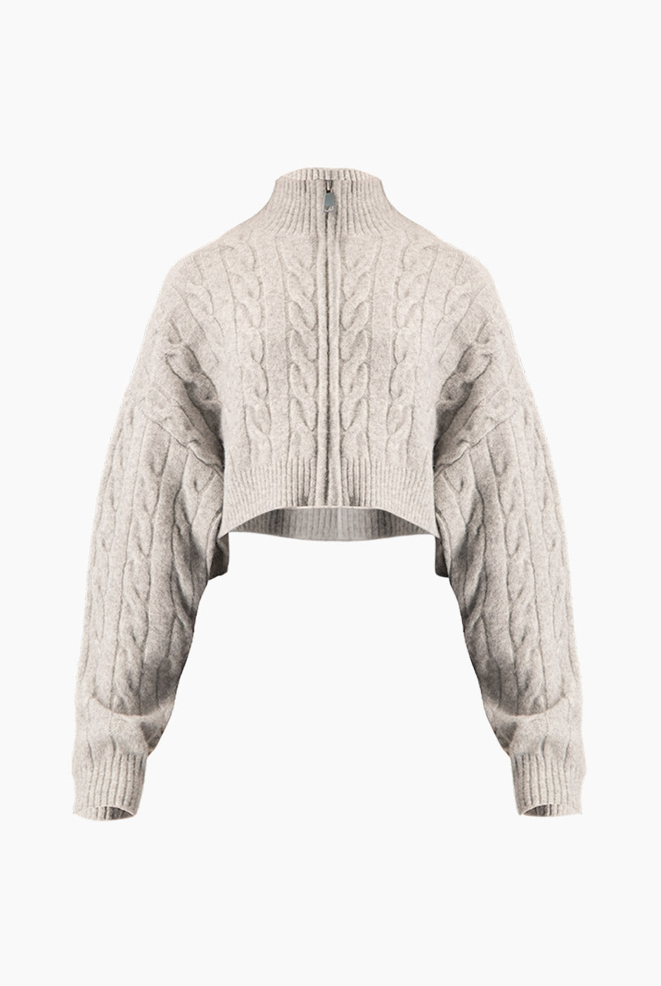 Suéter cable crop jaspe con trenzado y zipper