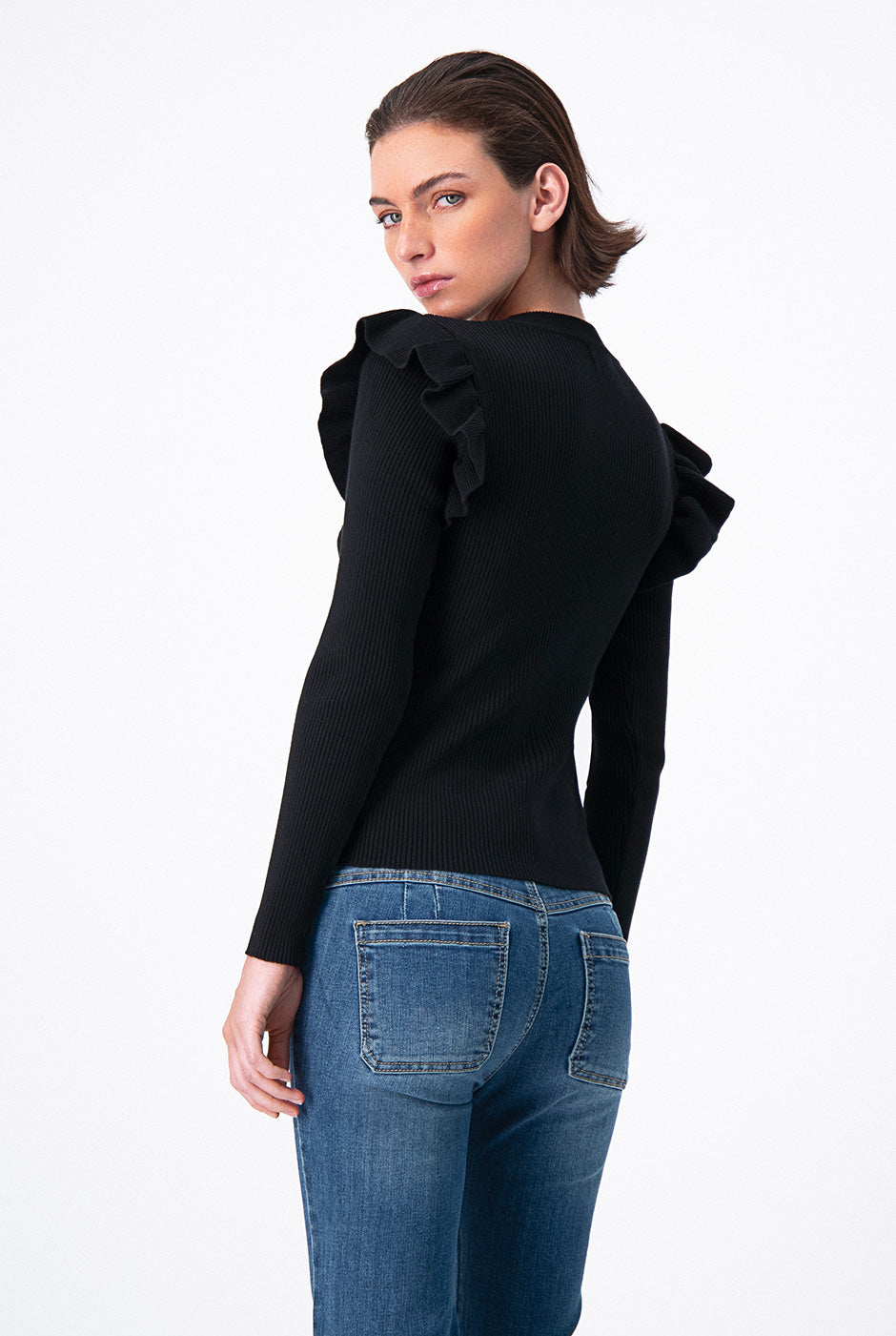 Blusa manga larga con plisado en sisa Negro