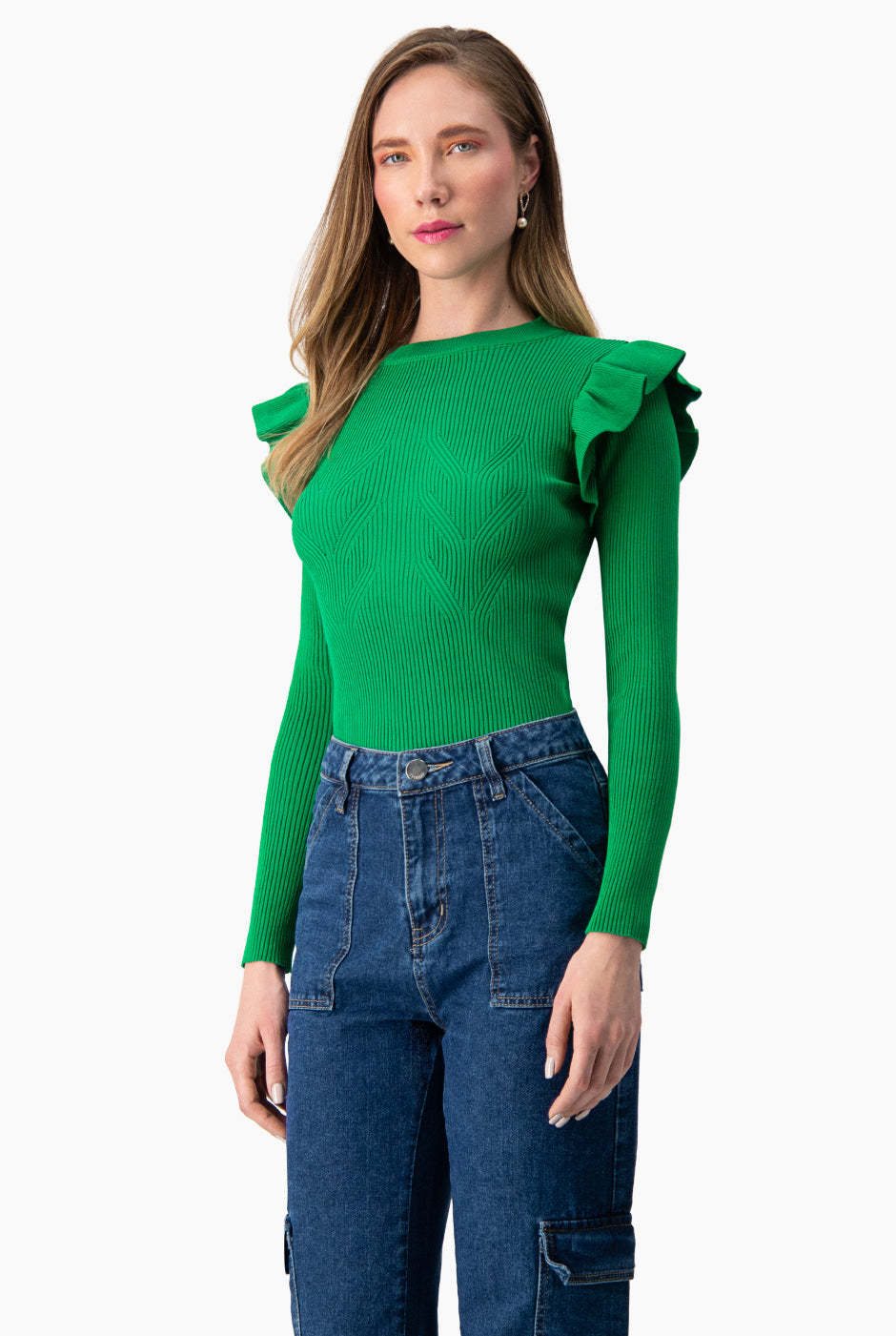 Blusa manga larga con plisado en sisa Verde