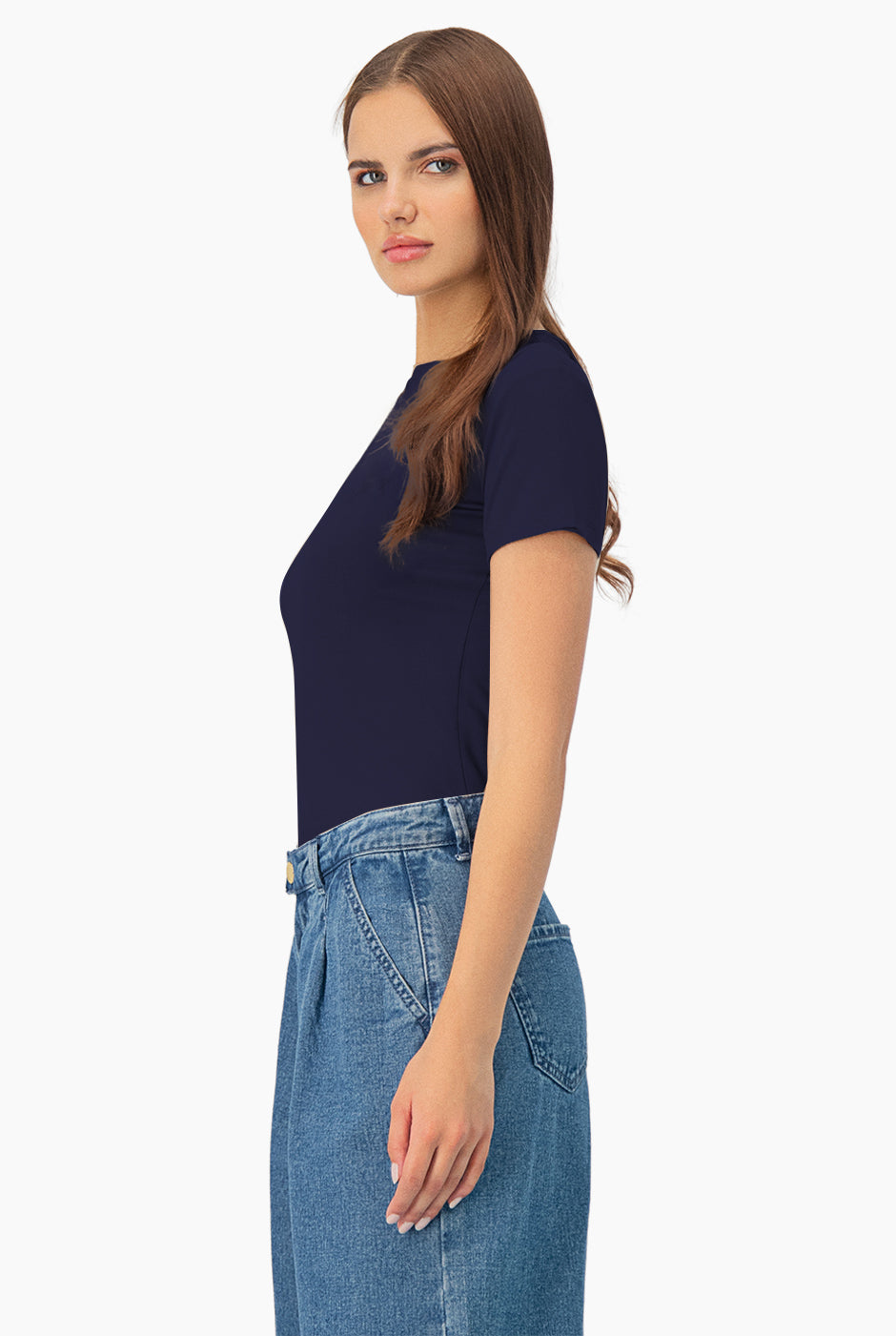 Playera básica azul marino de manga corta, sin botones