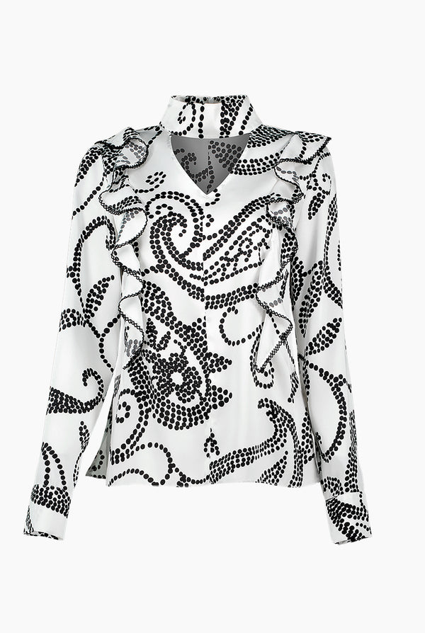 Blusa de manga larga con escarolas y escote en V