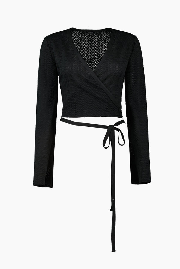 Blusa tejida de manga acampanada y cinta en cintura