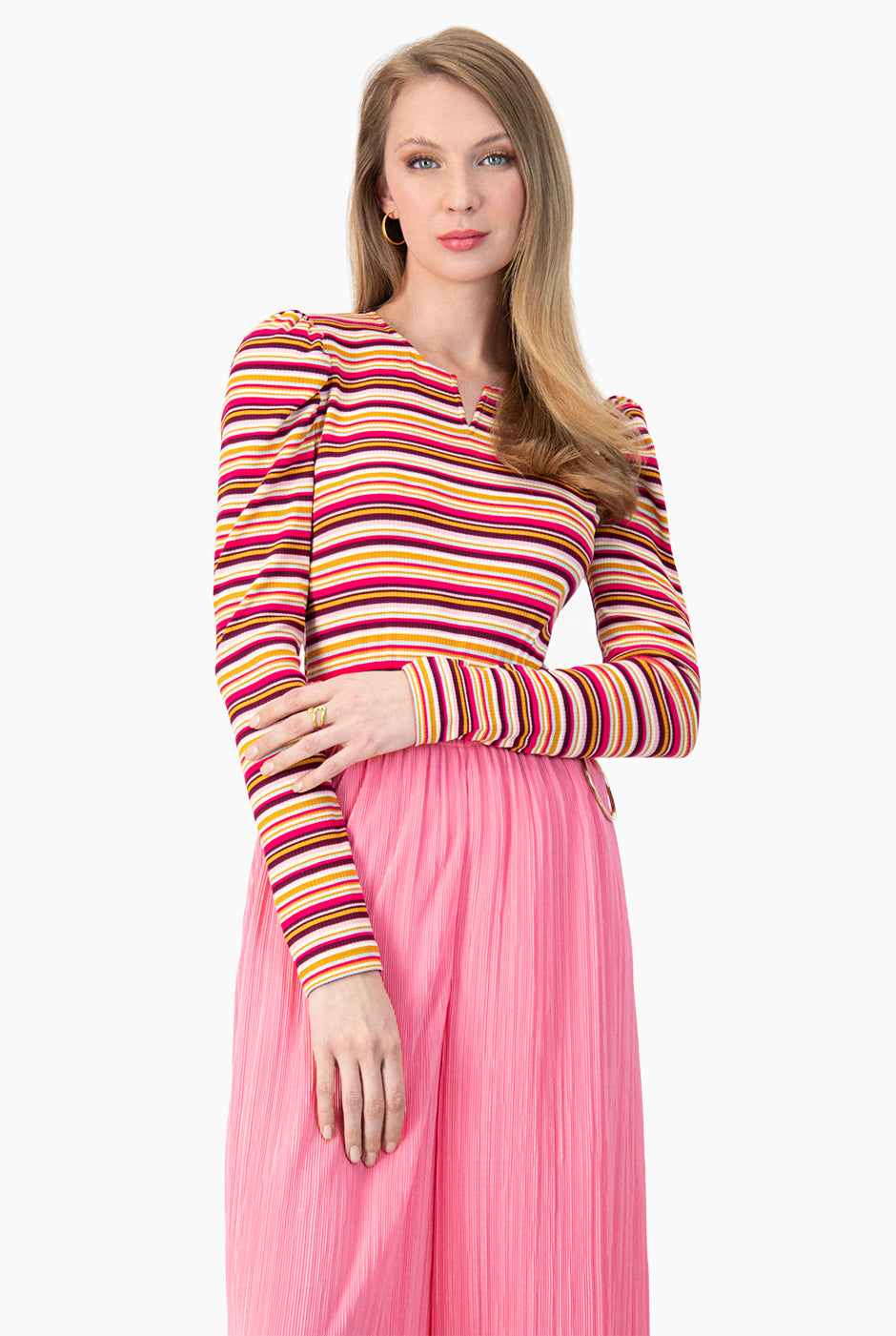 Blusa recta de manga larga y escote en V