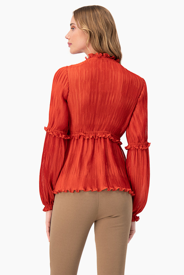 Blusa plisada de escote en V y manga larga