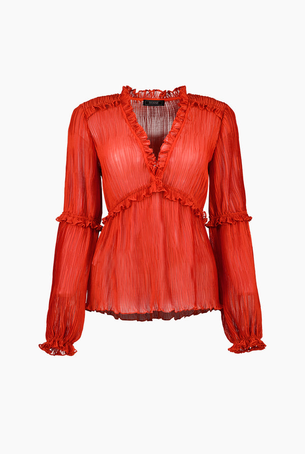 Blusa plisada de escote en V y manga larga