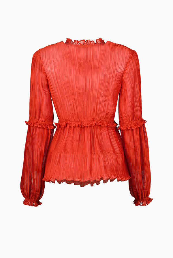 Blusa plisada de escote en V y manga larga