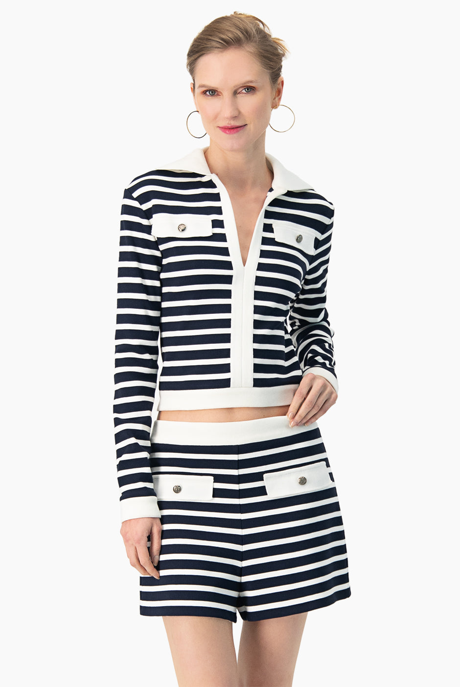 Top de manga larga escote V azul marino con cuello camisero y puños en cardigan, Ivonne Tingle Top
