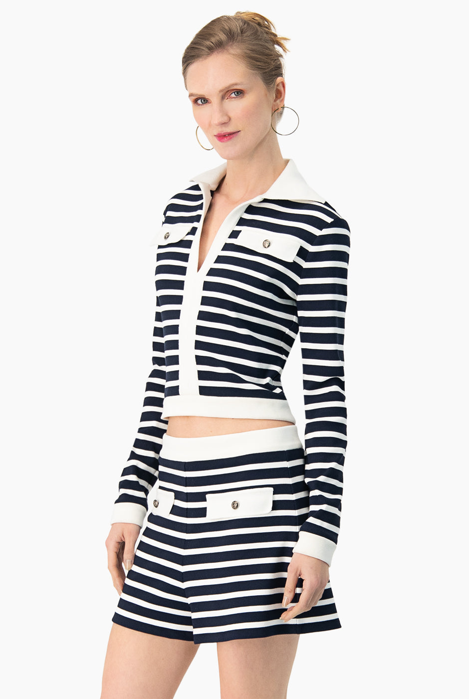 Top de manga larga escote V azul marino con cuello camisero y puños en cardigan, Ivonne Tingle Top