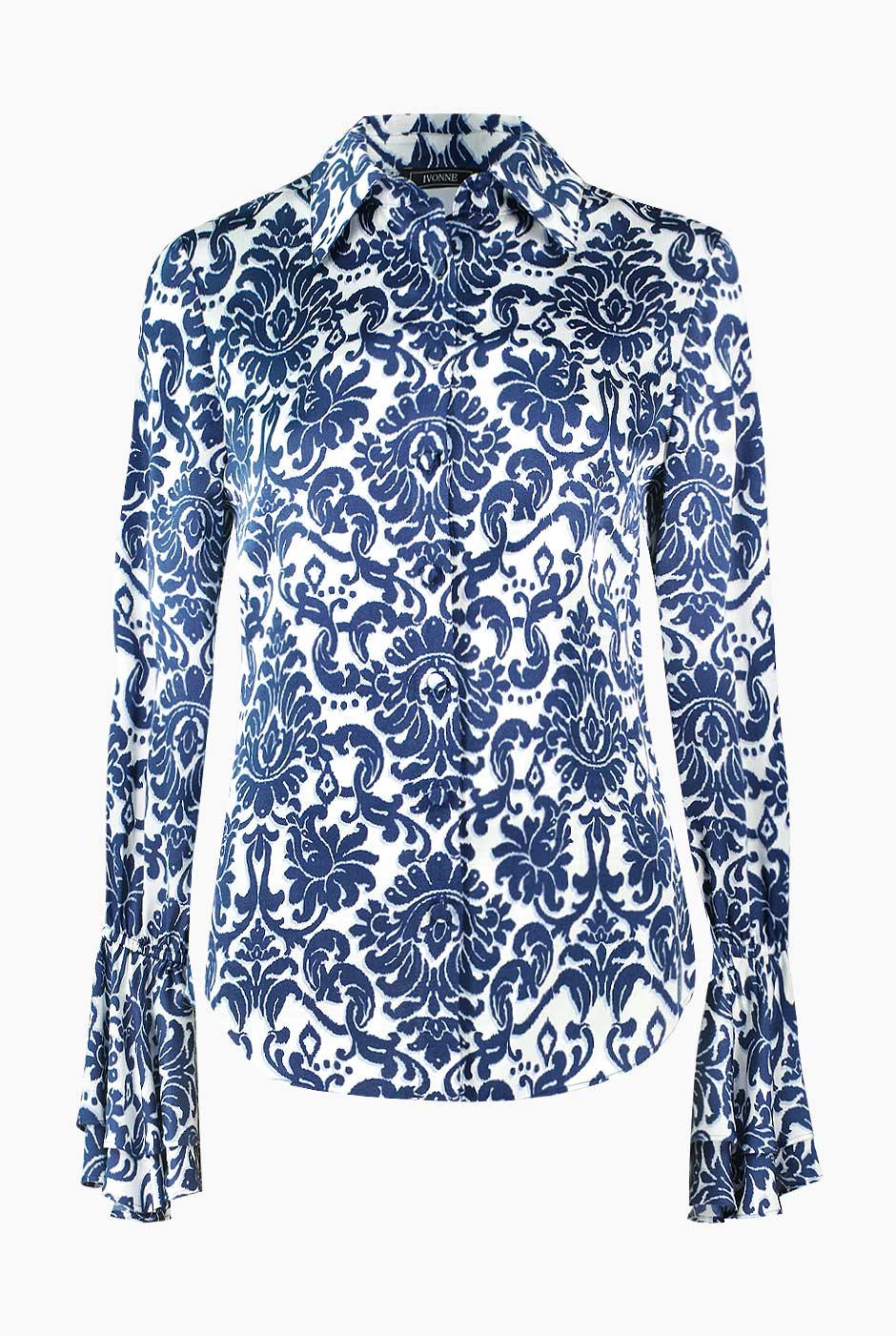 Blusa camisera de manga larga estampada en azul marino con botones frontales, marca Ivonne