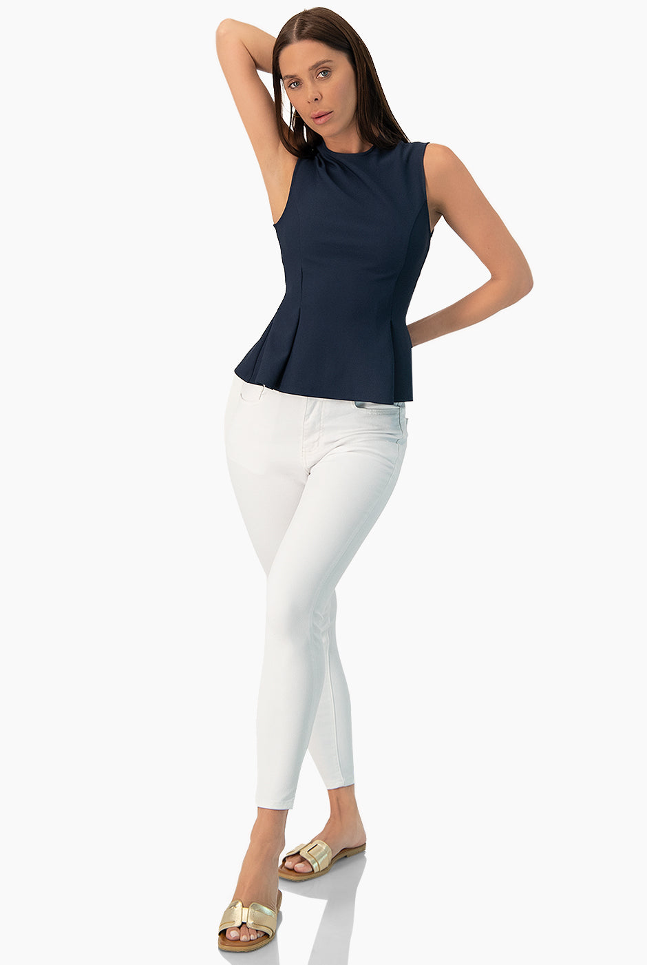 Blusa peplum sin mangas azul marino de Ivonne, estilo elegante y moderno