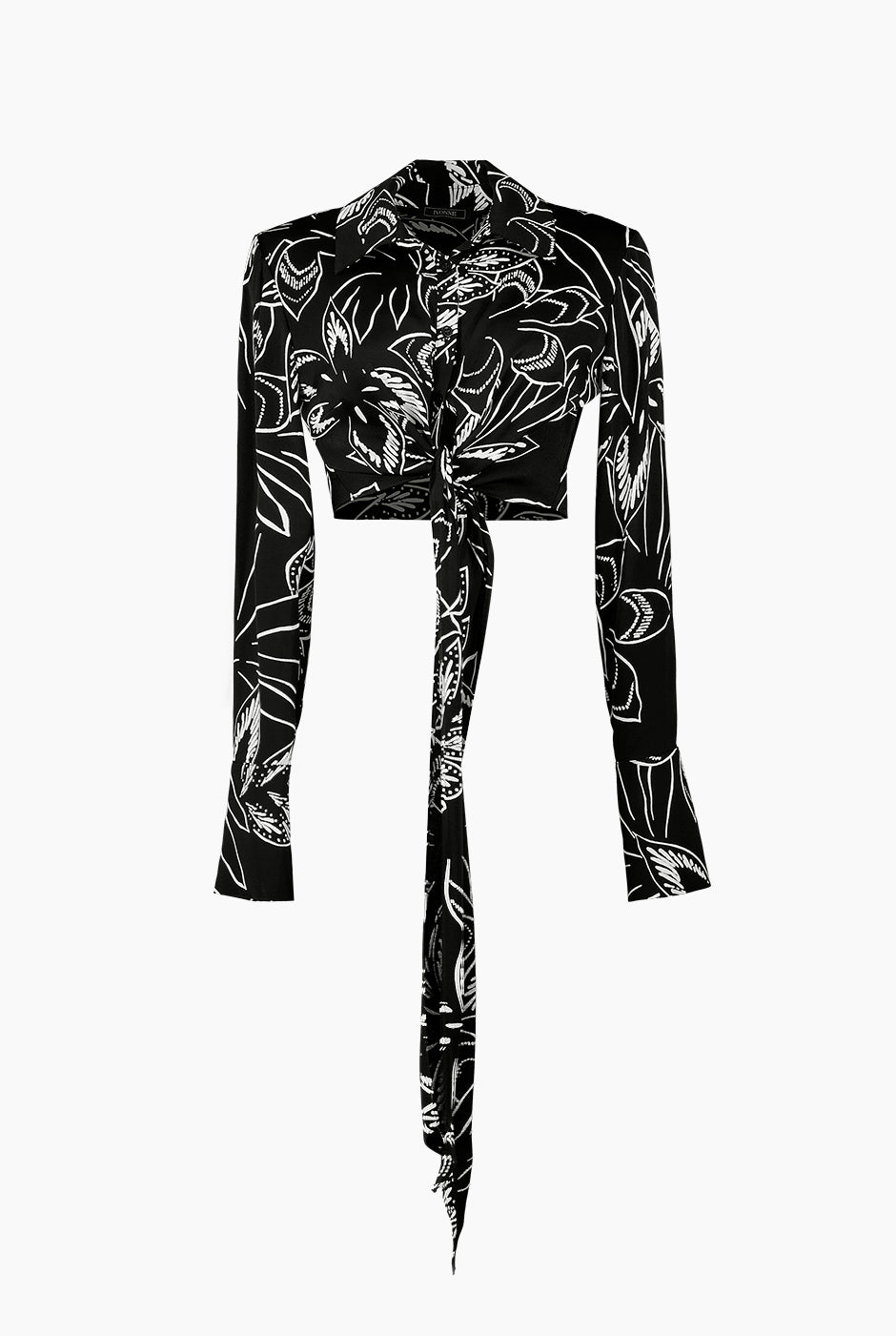 Blusa estampada negra con amarre frontal, cuello camisero y manga larga de Ivonne