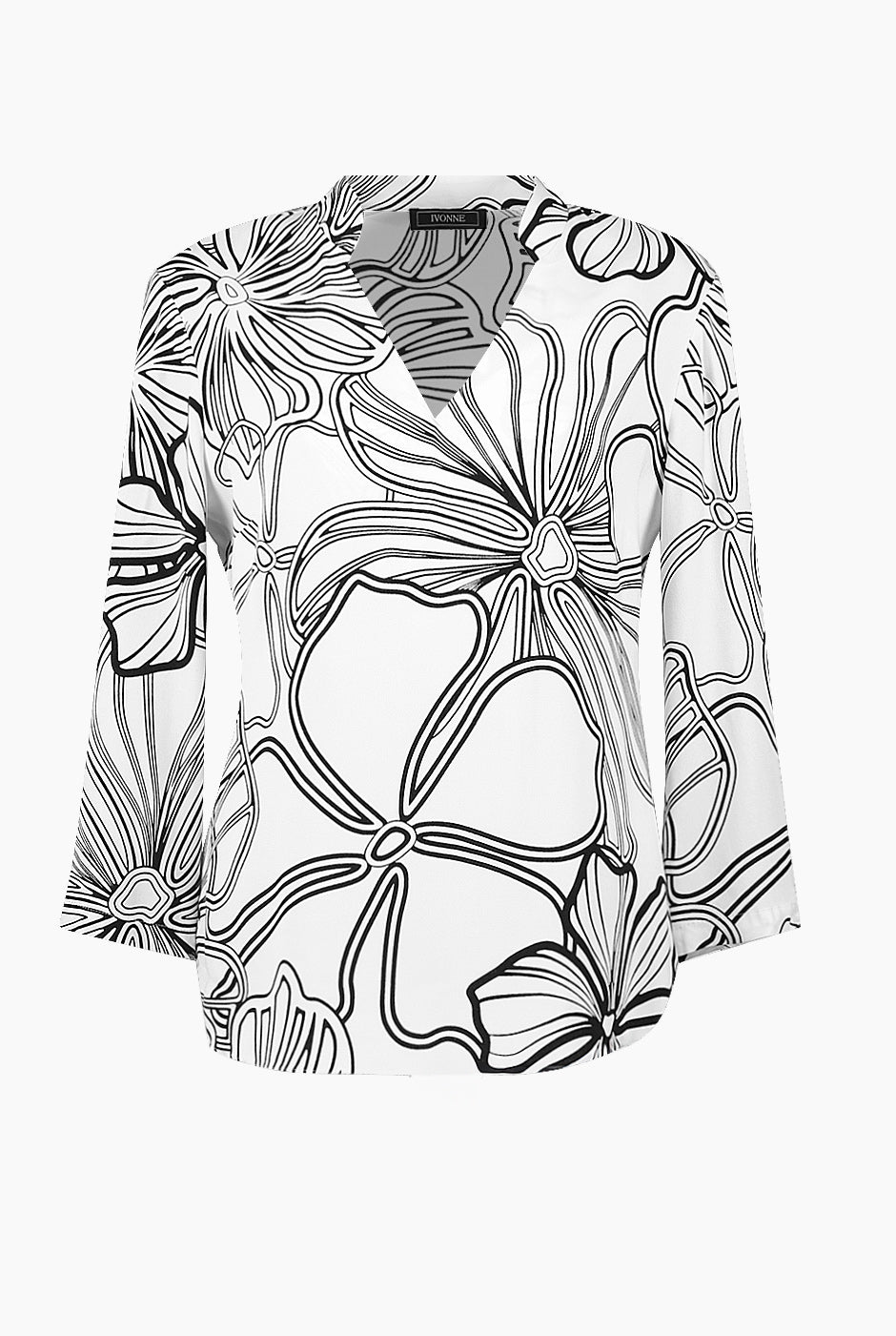 Blusa camisera blanca estampada de Ivonne con escote en V y elevadores en mangas