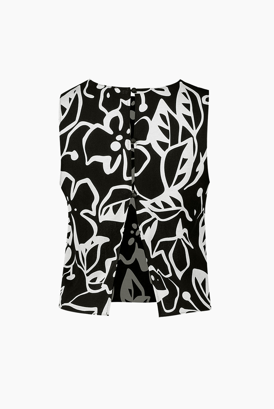Top corto negro con espalda abierta y estampado de Ivonne, elegante y sofisticado