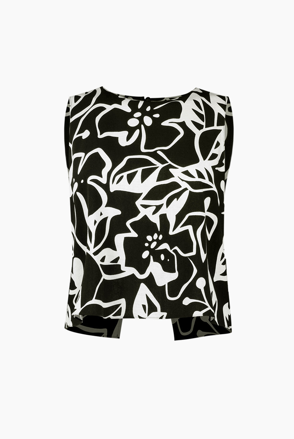 Top corto negro con espalda abierta y estampado de Ivonne, elegante y sofisticado