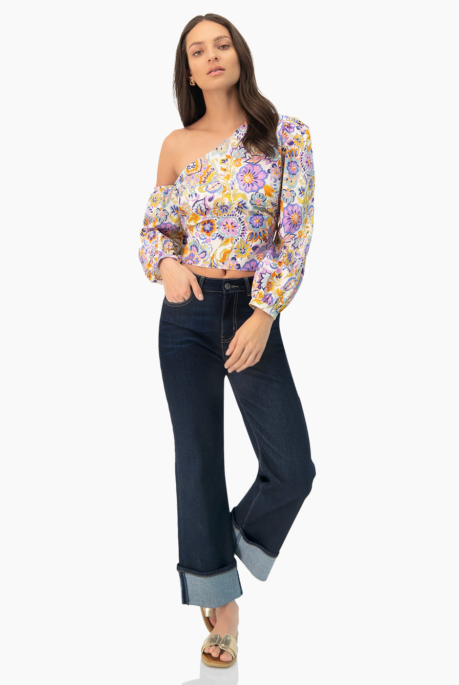 Blusa estampada floral de un hombro con amarre