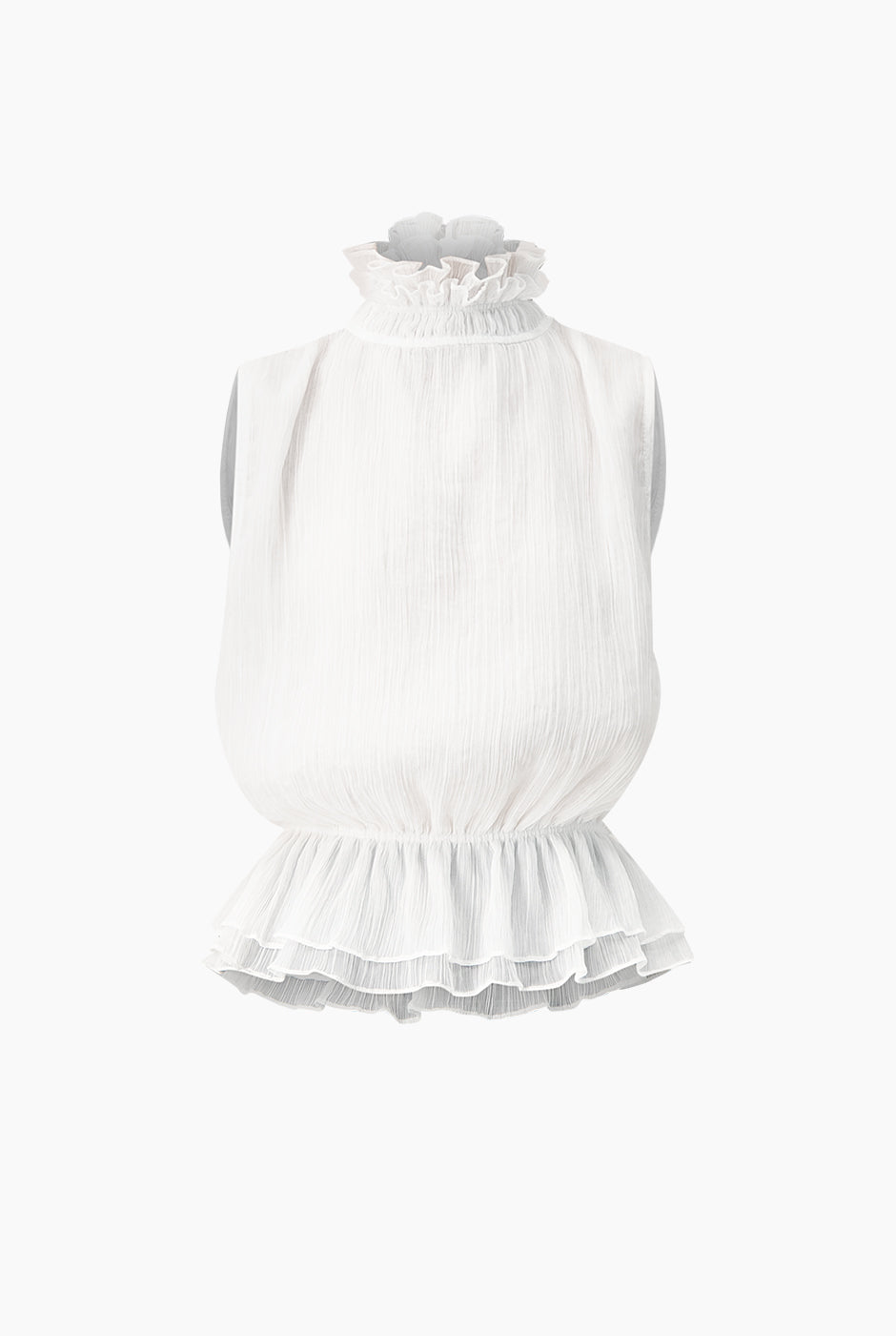 Blusa blanca de cuello alto y sin mangas con detalle plisado