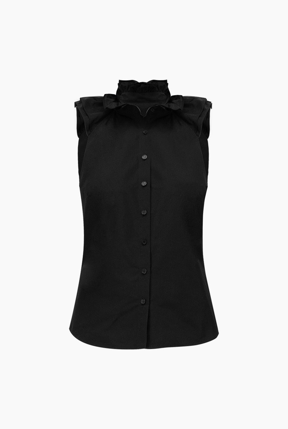 Blusa negra de cuello alto con botones frontales