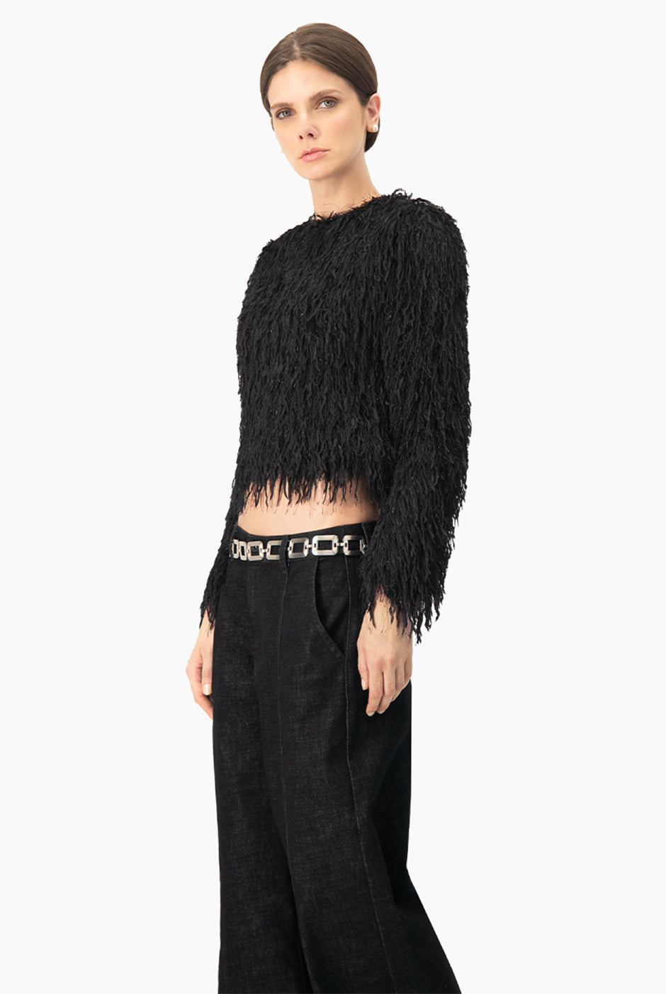 Blusa recta negra con cuello redondo y textura peluche