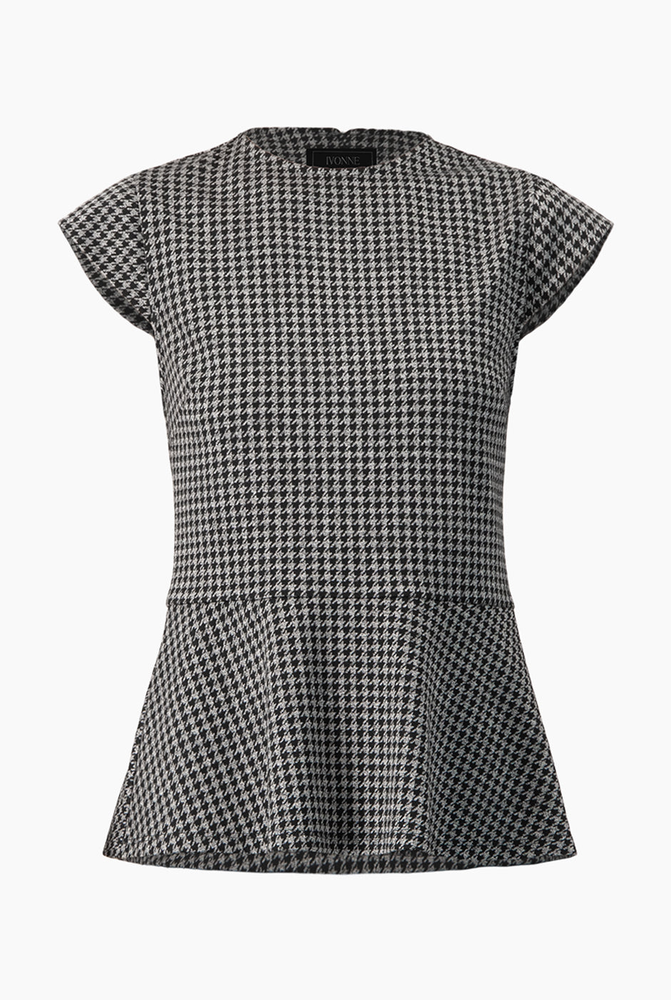 Blusa peplum estampada negra con mangas tipo cap y cuello redondo