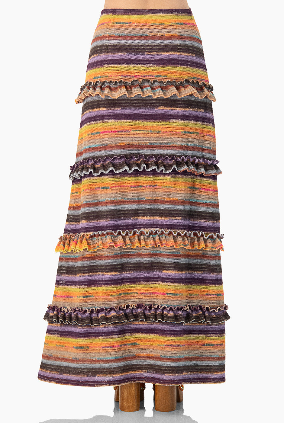 Falda midi tejida multicolor con detalle de olanes de Ivonne