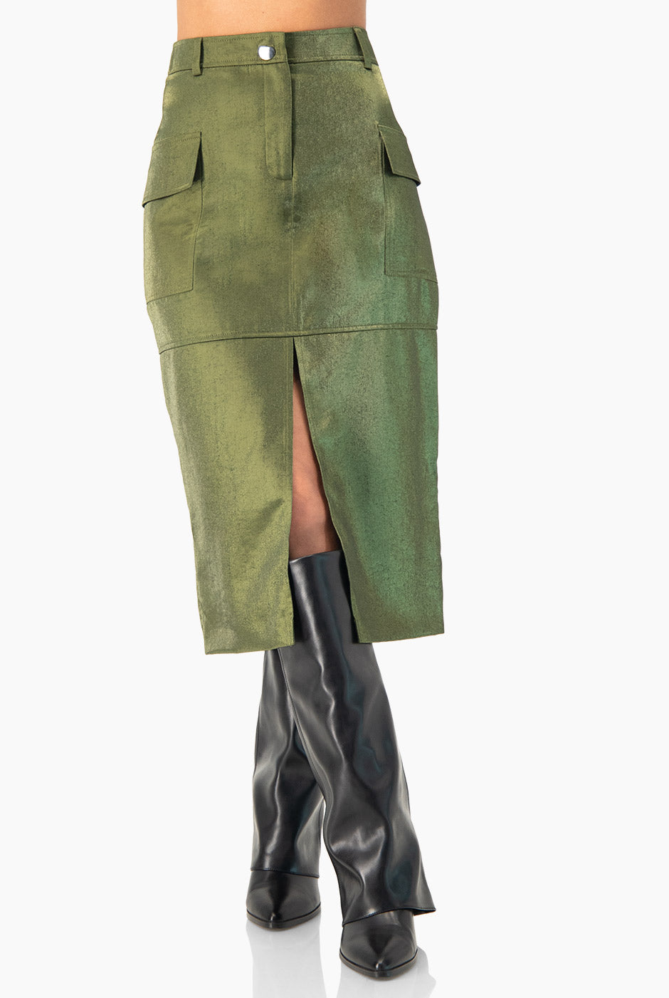 Falda midi verde olivo con abertura y bolsillos