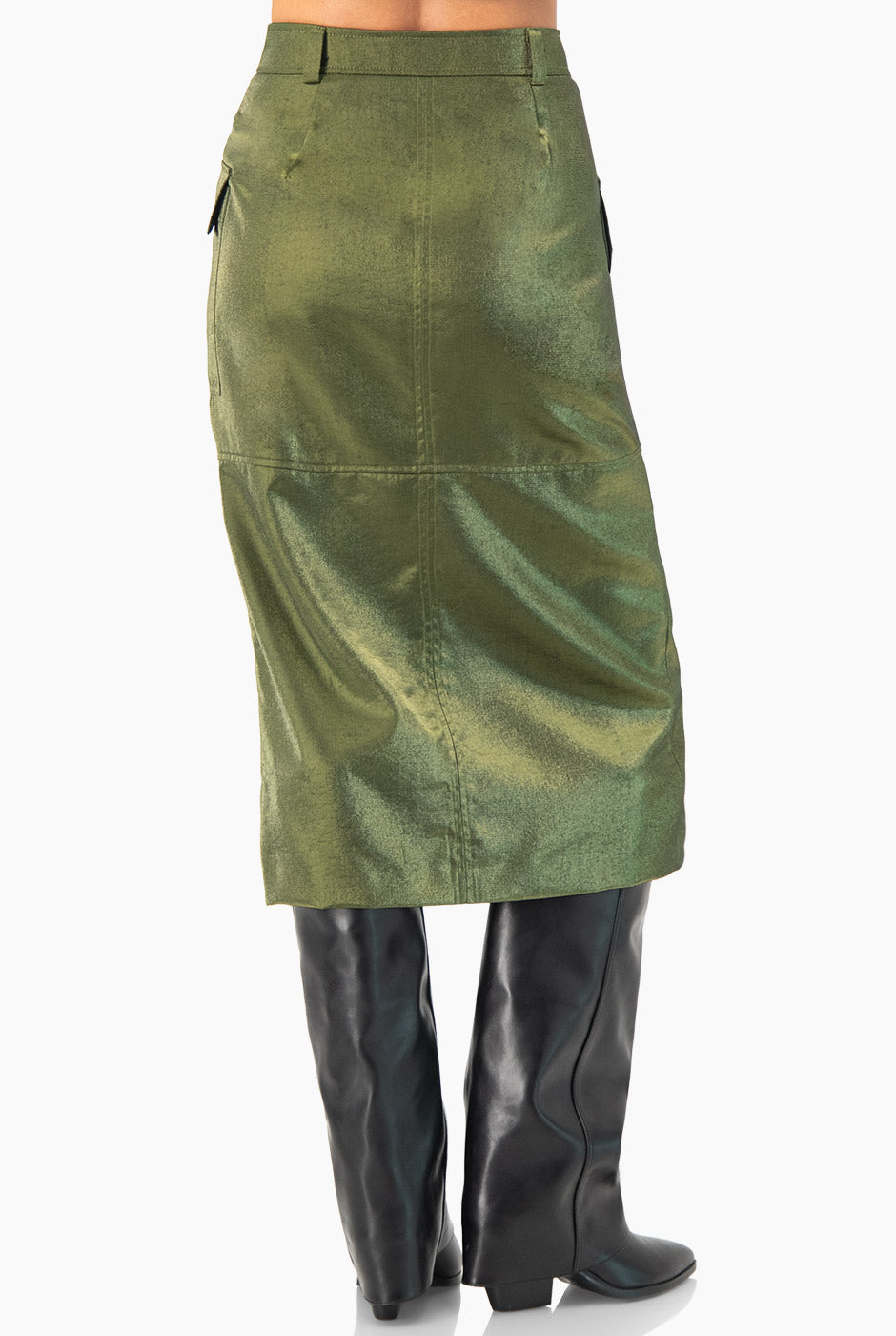 Falda midi verde con abertura y bolsillos frontales