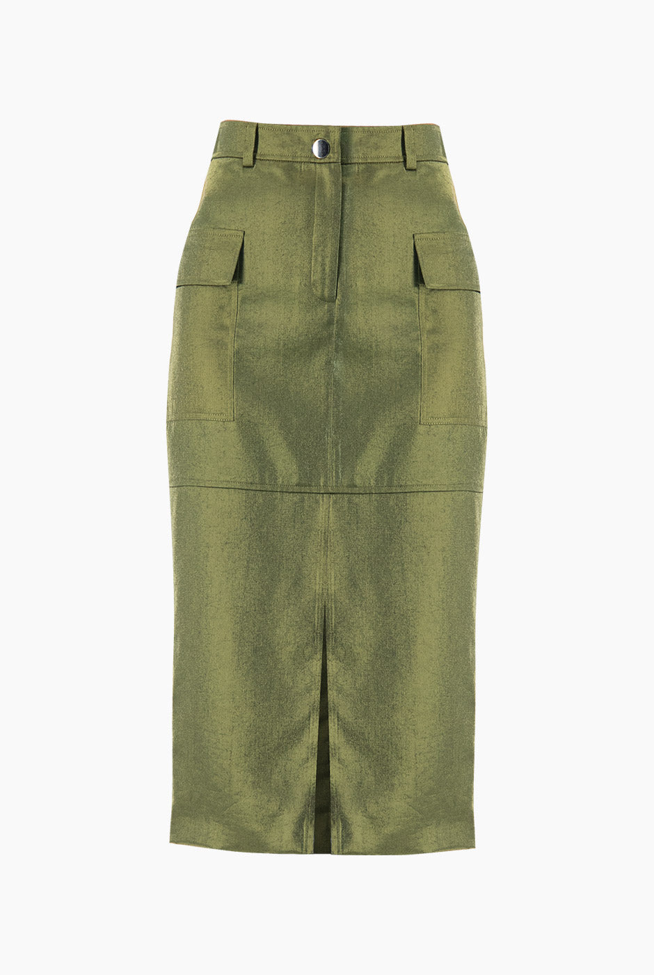 Falda midi verde olivo con abertura y bolsillos
