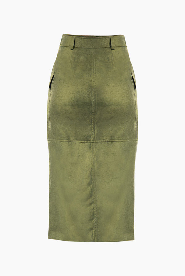 Falda Midi Verde Olivo con Abertura