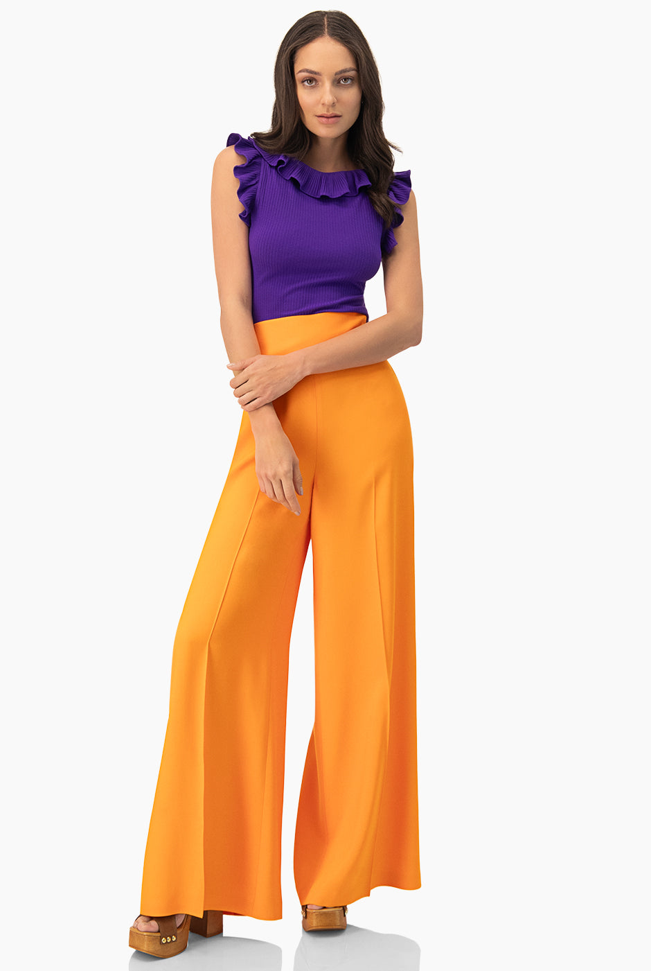 Pantalón Palazzo Naranja de Pierna Amplia y Pretina Ancha