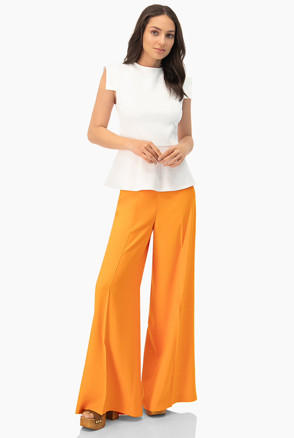 Pantalón Palazzo Naranja de Pierna Amplia y Pretina Ancha