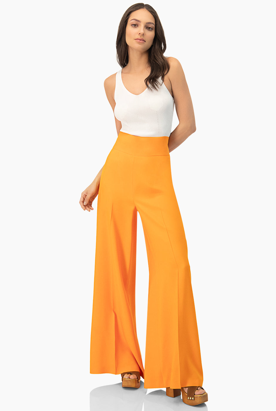 Pantalón Palazzo Naranja de Pierna Amplia y Pretina Ancha