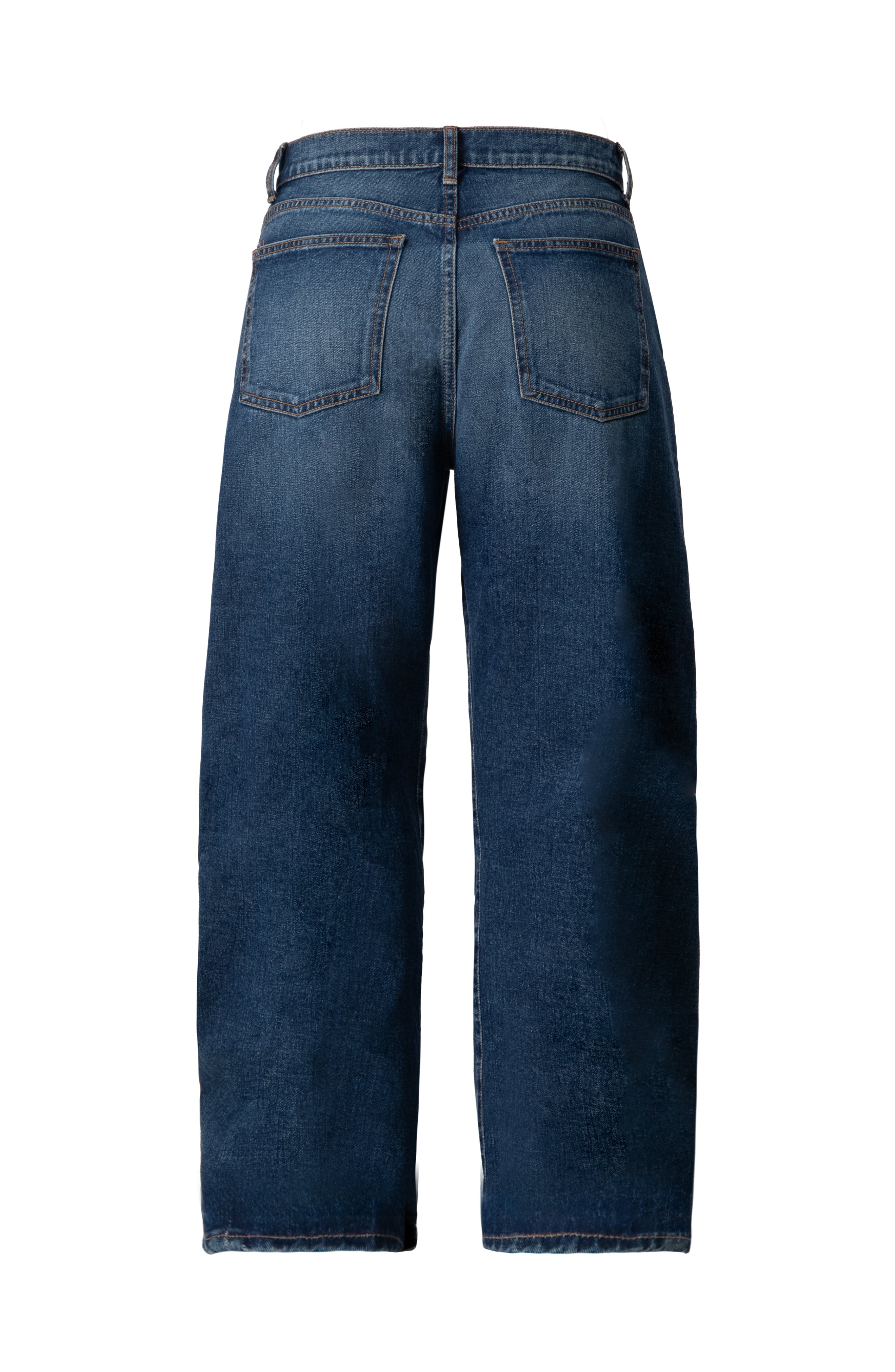 Jeans amplios de denim azul con bolsillos y botón frontal