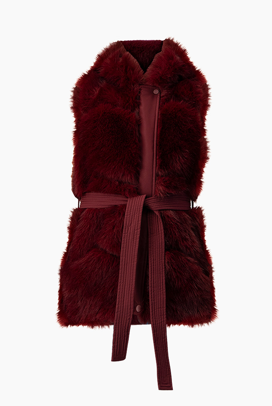 Chaleco Faux Fur vino con capucha y cinturón