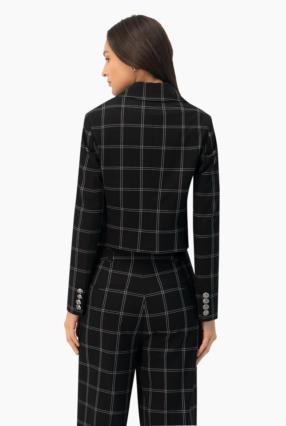 Saco corto negro con estampado de rayas y botones frontales
