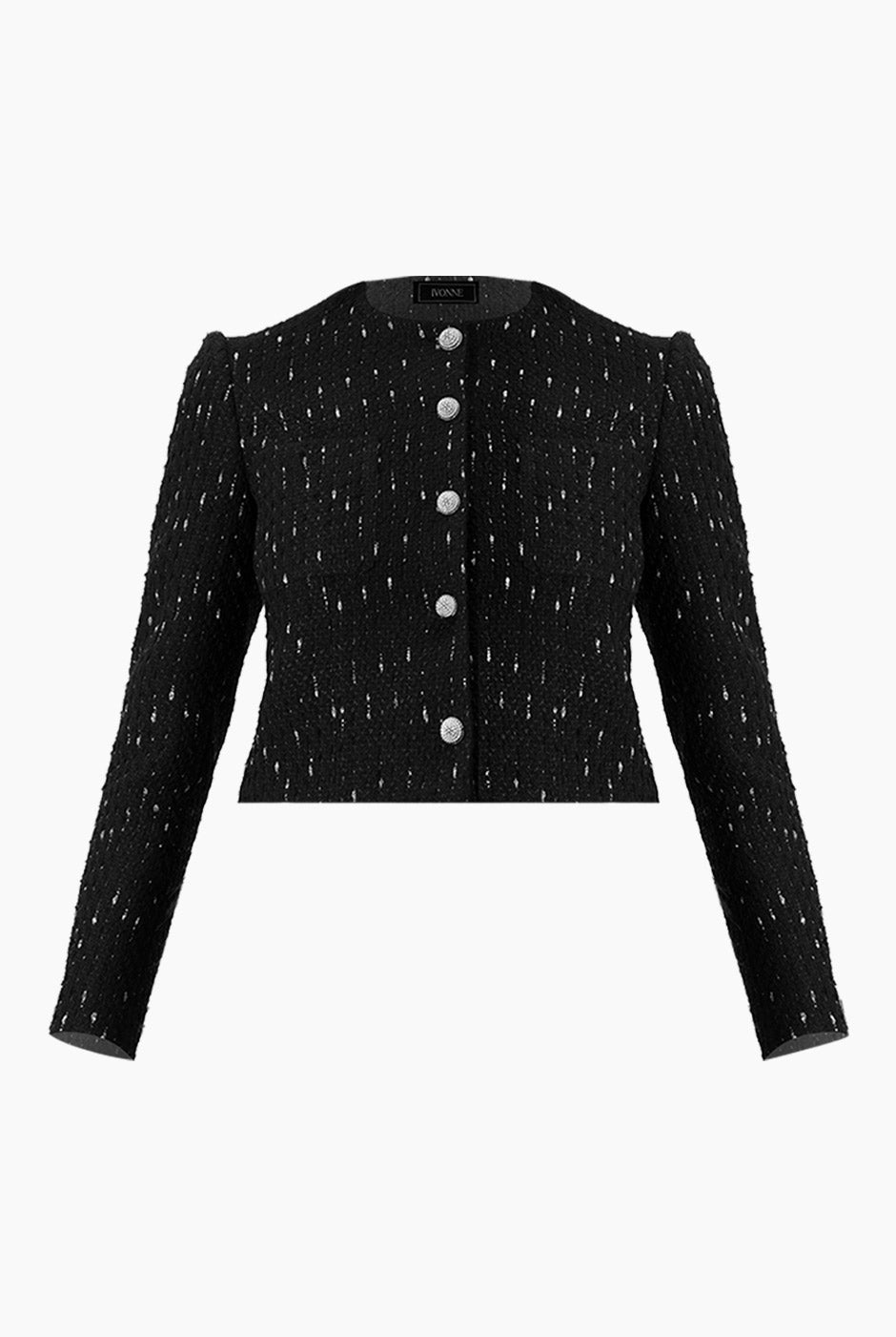 Saco corto negro con botones y plumas en el bajo