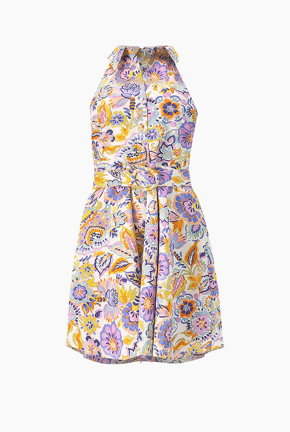 Vestido corto estampado floral sin mangas con cinturón