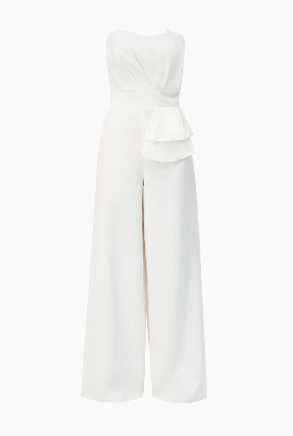 Jumpsuit strapless blanco de pierna ancha con olanes
