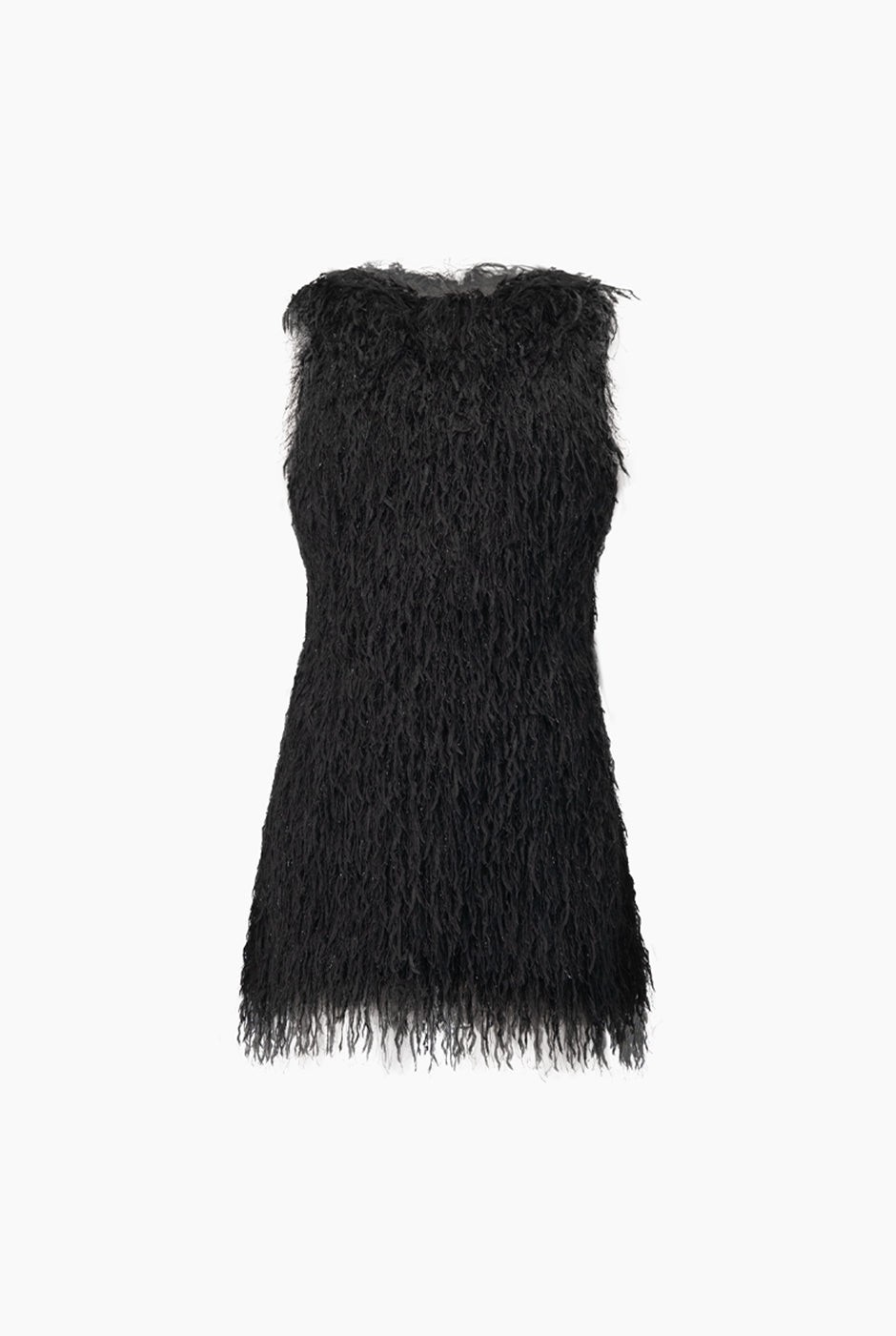 Vestido corto negro sin mangas con textura de flecos
