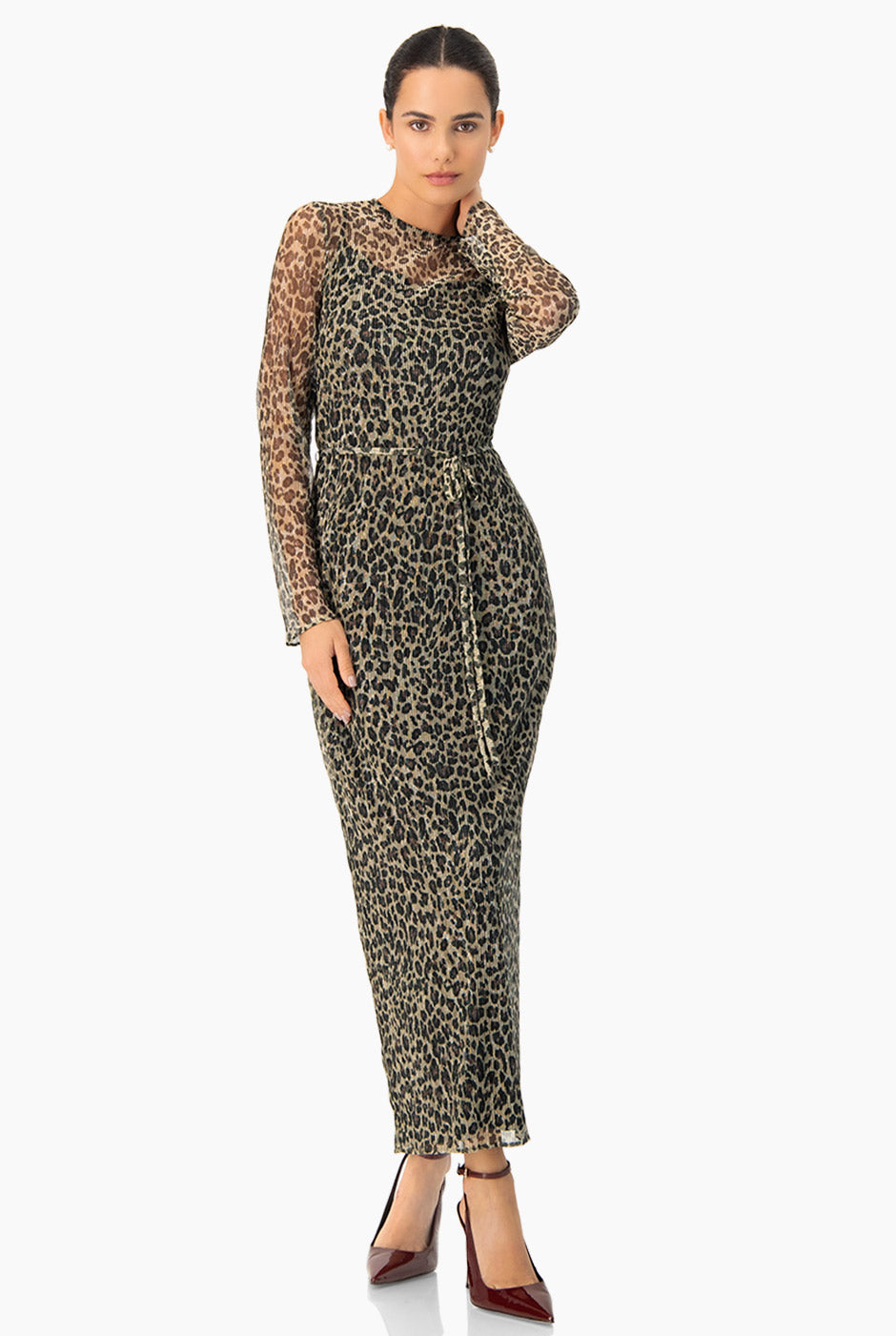 Vestido largo estampado de leopardo con cinturón ajustable