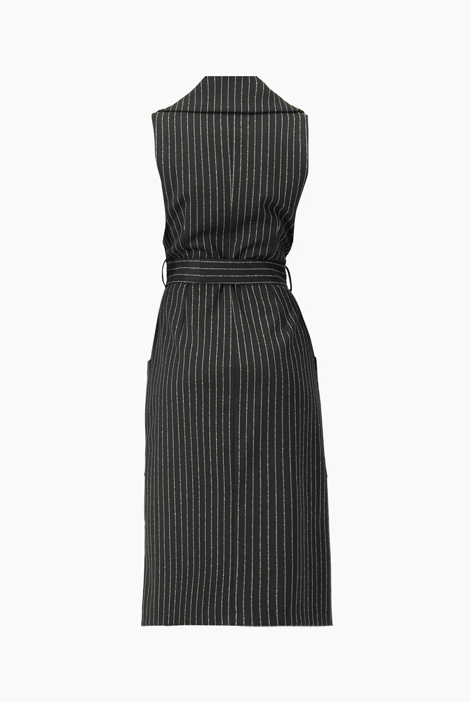 Vestido largo cruzado negro con rayas y cinturón
