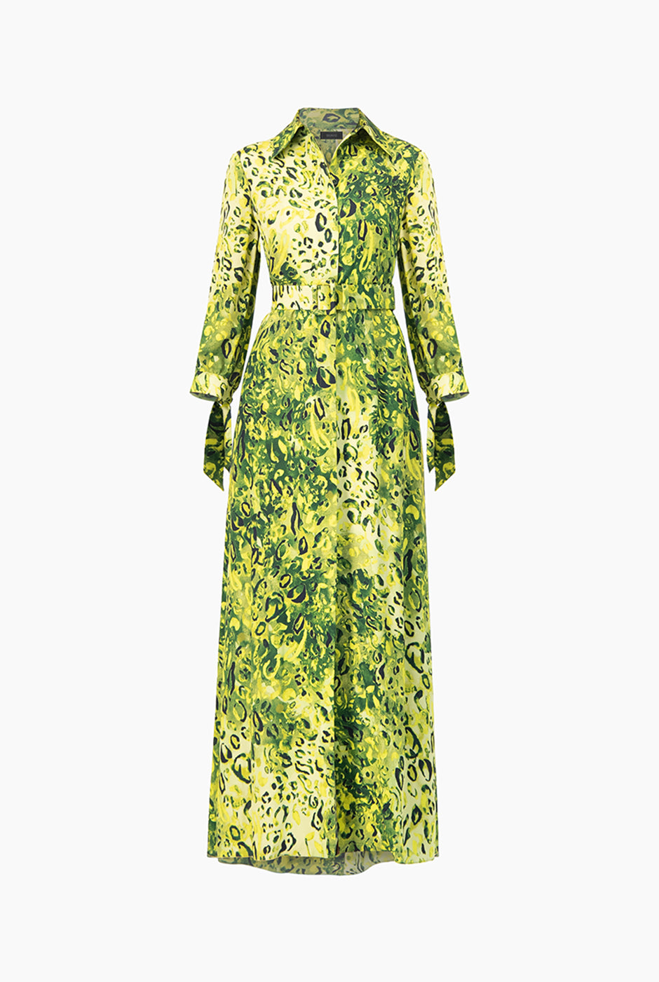 Maxi vestido camisero estampado verde con cinturon y lazos