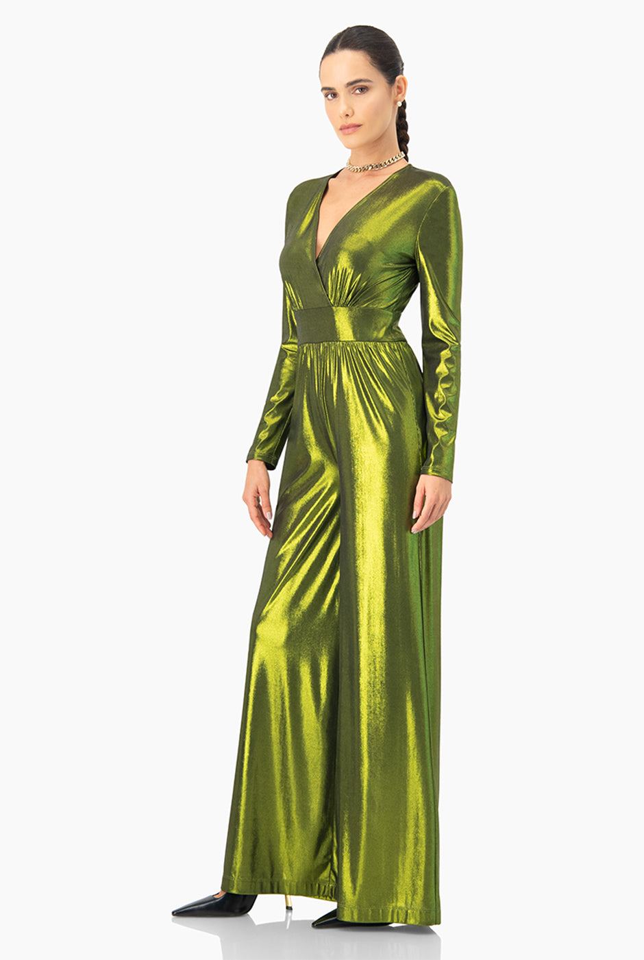 Jumpsuit verde de escote en V y manga larga