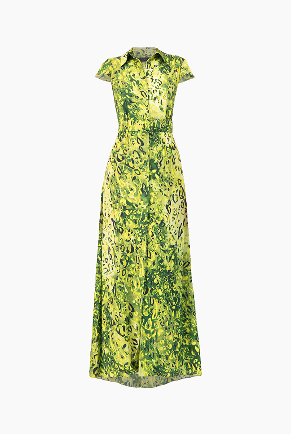 Maxi vestido verde estampado con cinturón y manga corta
