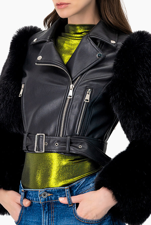 Chamarra Biker PU con Faux-Fur