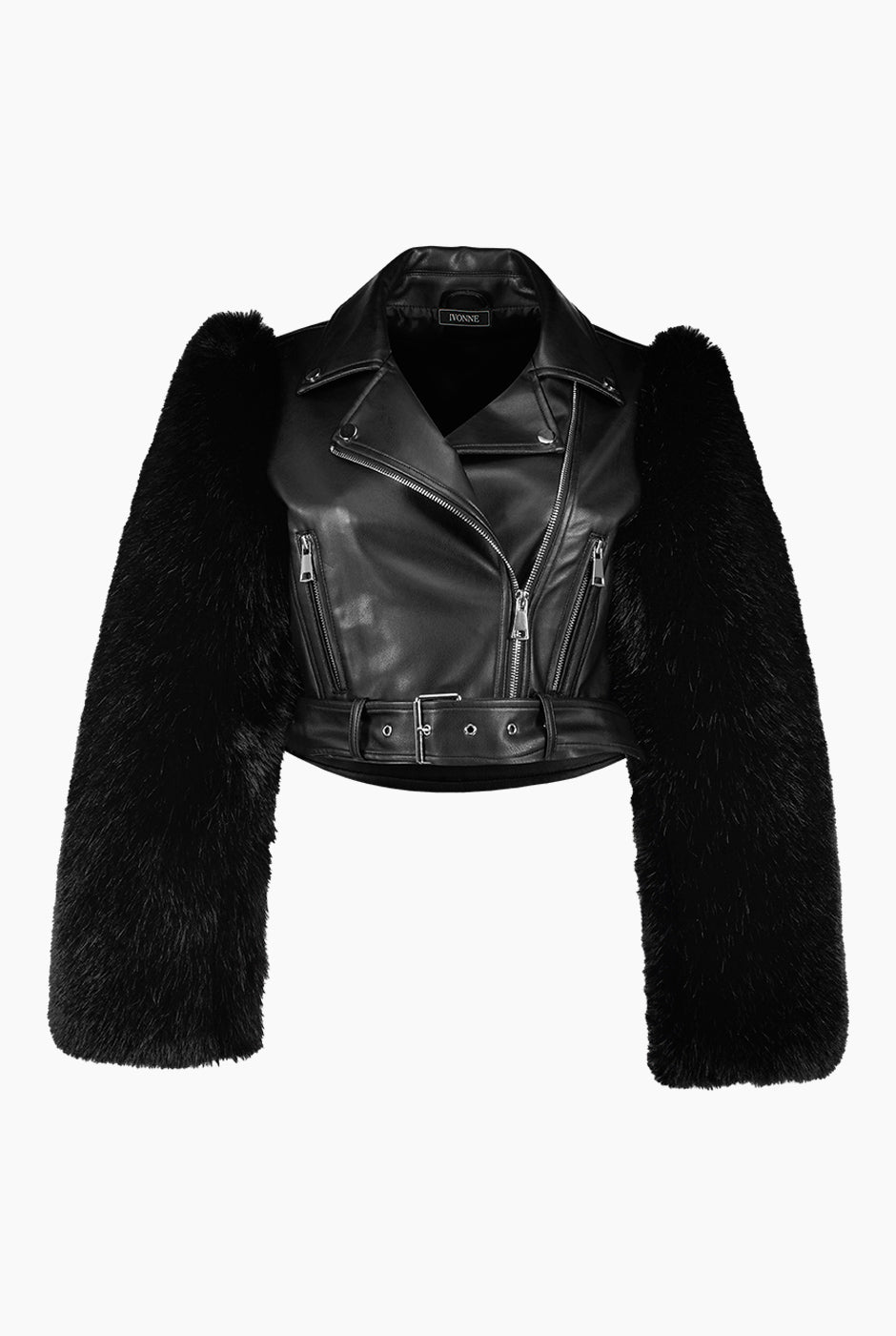 Chamarra biker negra con mangas de peluche y cinturón