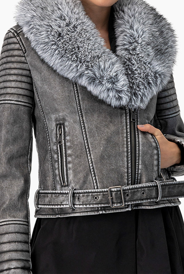 Chaqueta Biker Gris con Cuello Desmontable