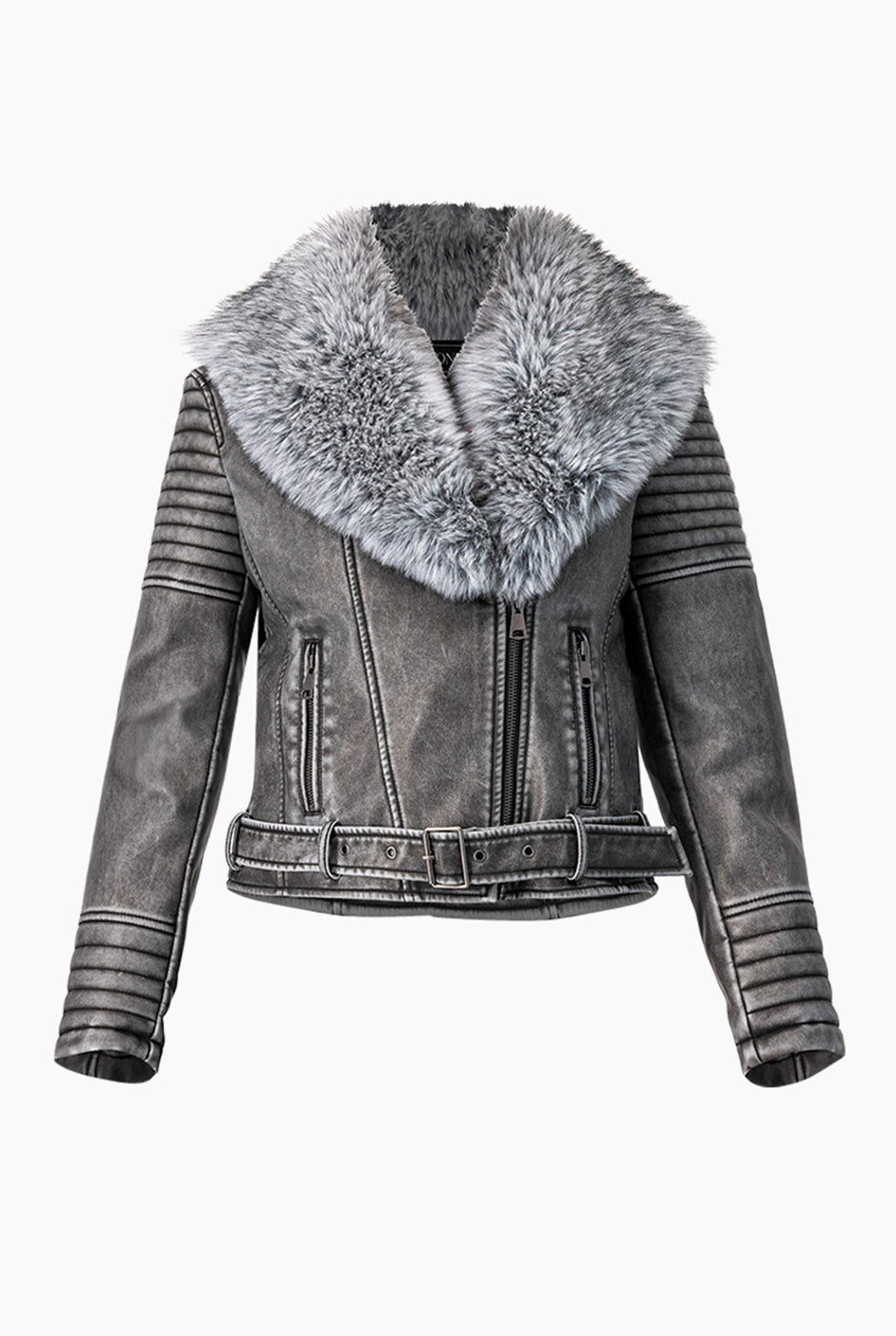 Chaqueta biker gris con detalles de ecopiel y cuello desmontable.